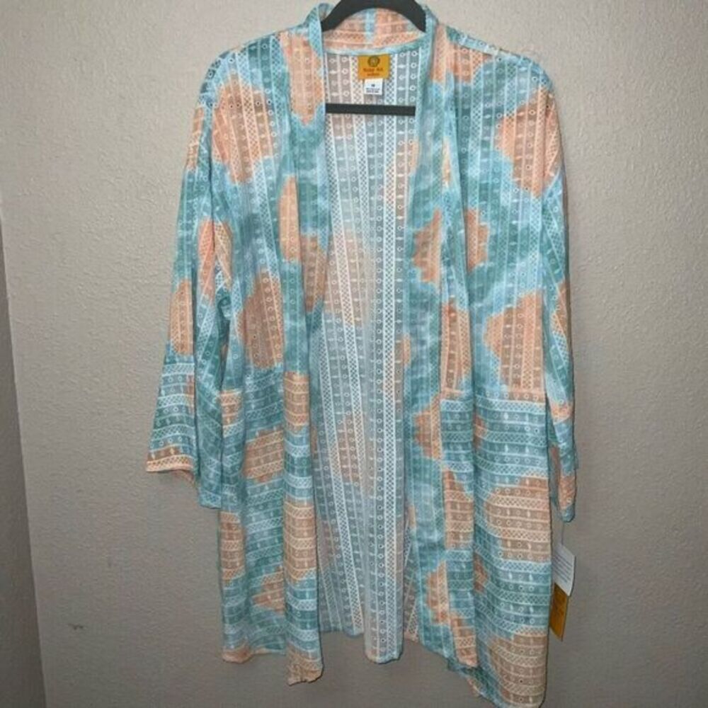 Ruby Rd Woman Kimono Cardigan Aqua Peach Print 1X